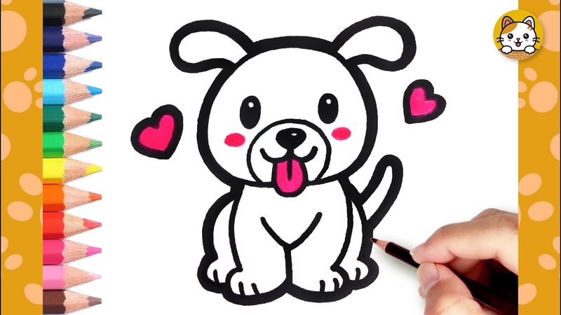Dog Drawing Easy, How to draw a Cute Dog For Kids, Kawaii