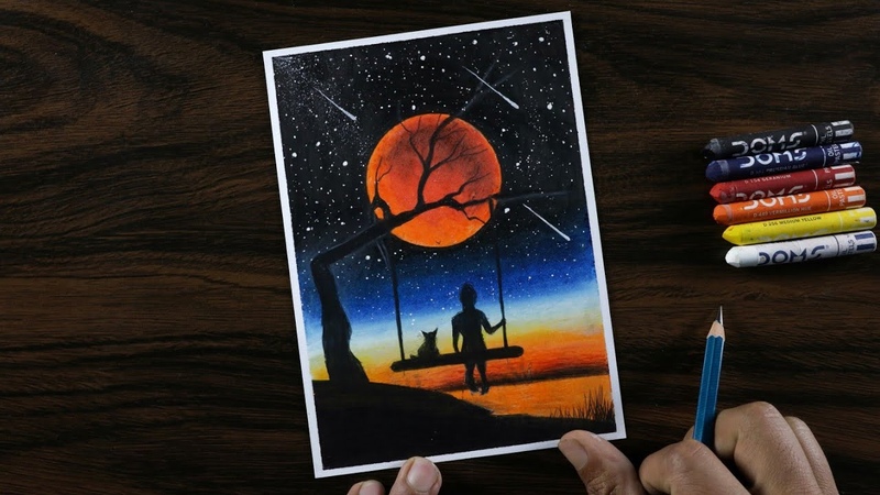Girl and Cat on Swing Drawing with Oil Pastels step by