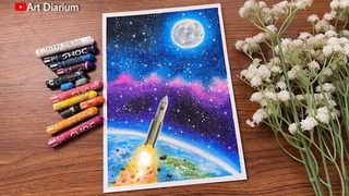 Rocket to the Moon: Easy Oil Pastel Space Scenery Drawing | Step-by-Step