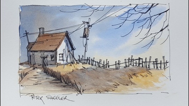A Pen and Wash Watercolour. Fall Twilight Shadow Demonstration using only 3