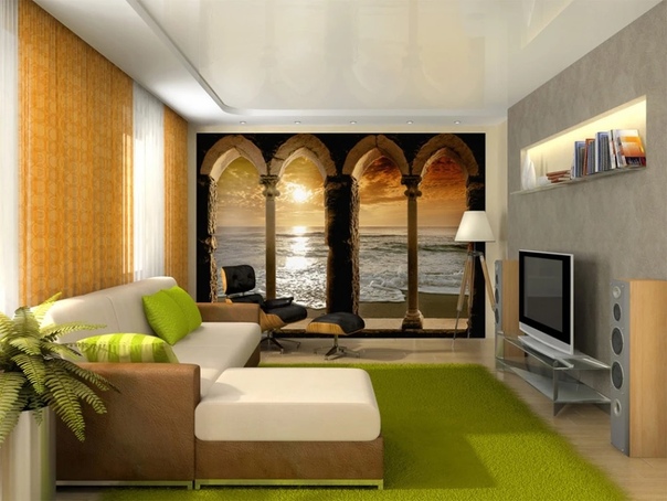 фотообои с перспективой в интерьере. фотообои 3д абстракция на стену. увеличить комнату с помощью обоев.